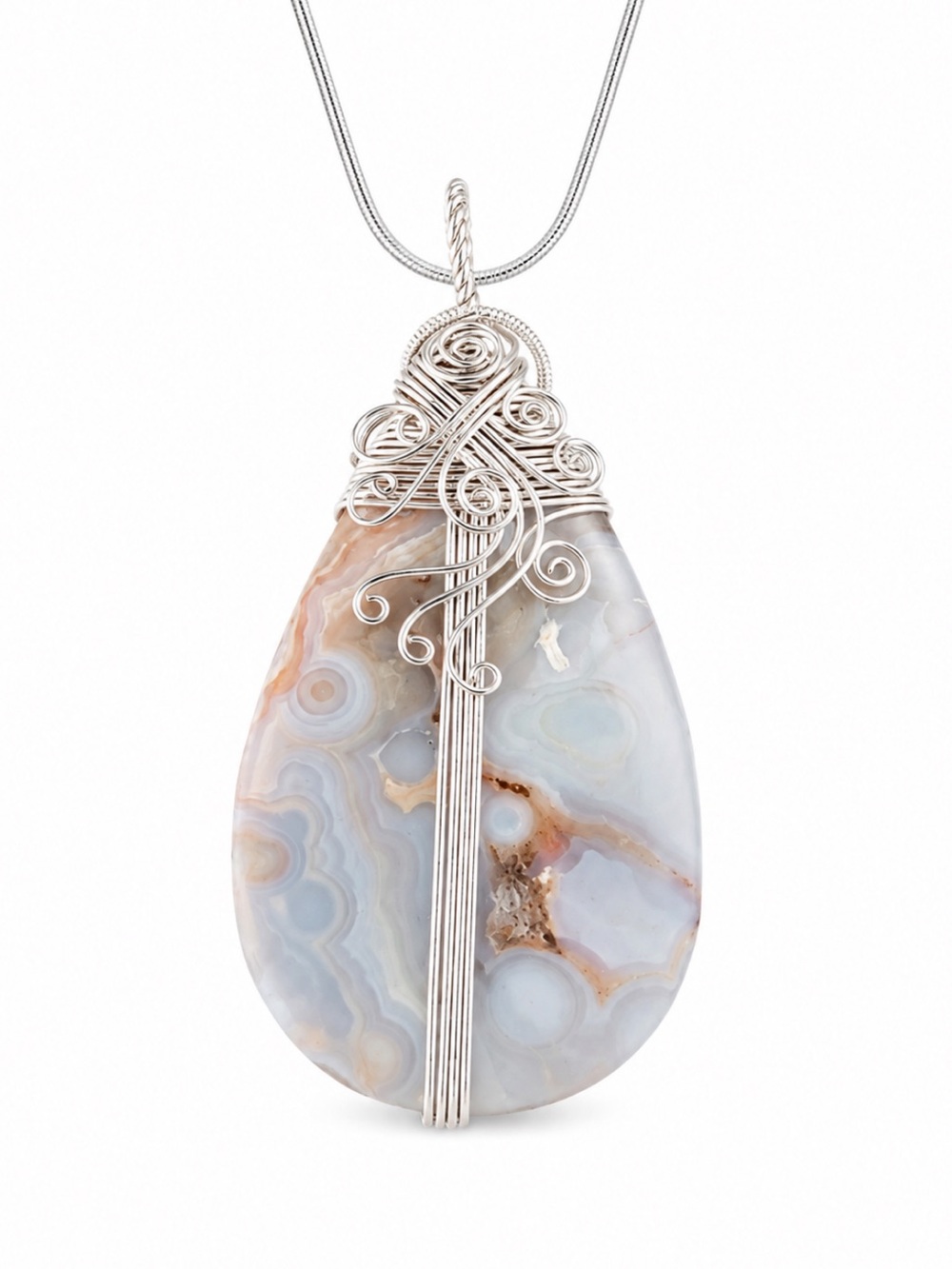 Lace Agate Wire Wrapped Silver Necklace